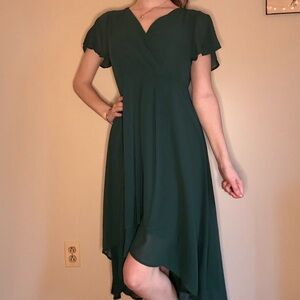 Emerald Green V-Neck Flutter Sleeve Dress High-Low Dress